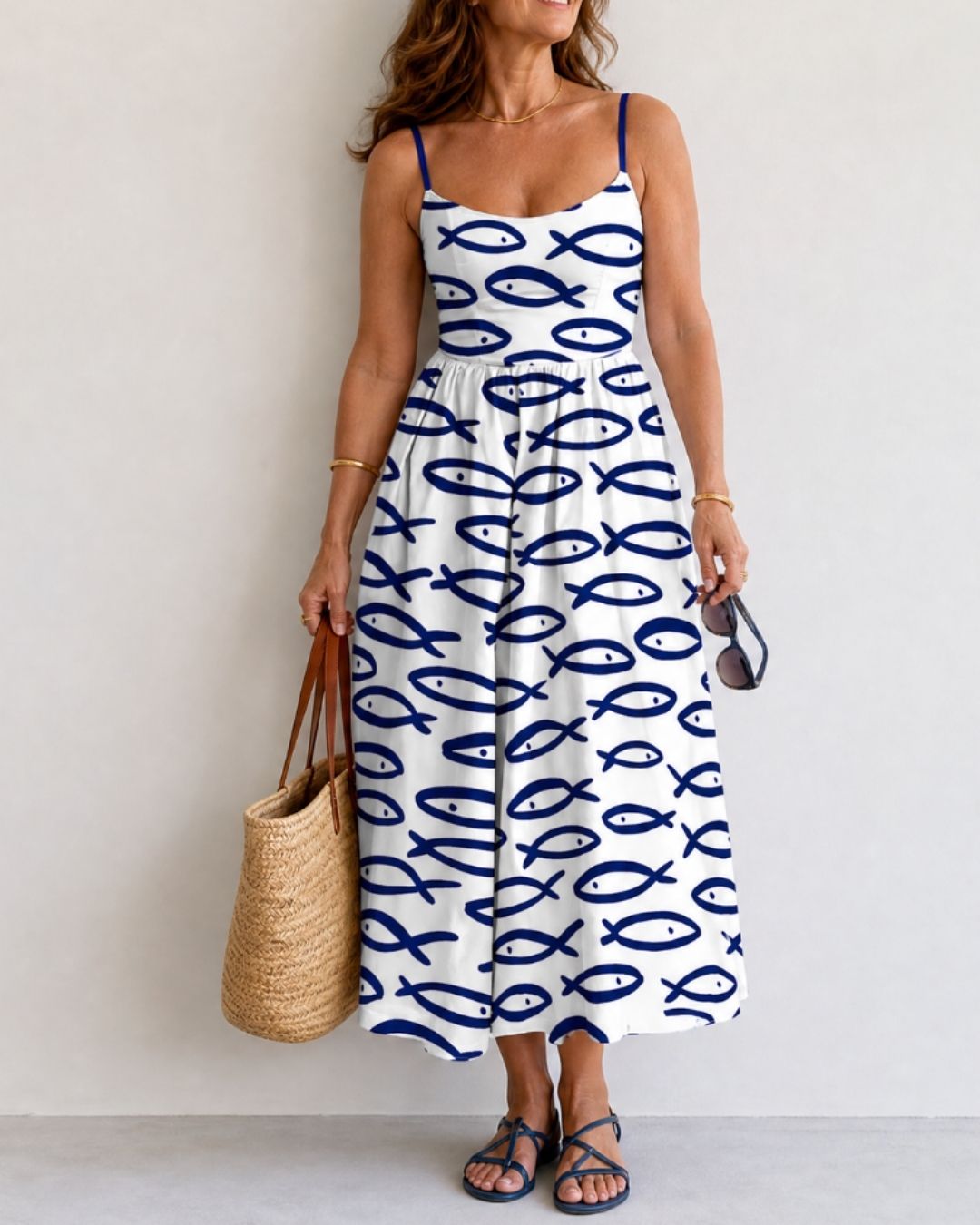 Vyla™ Fish Print Sleeveless Midi Dress