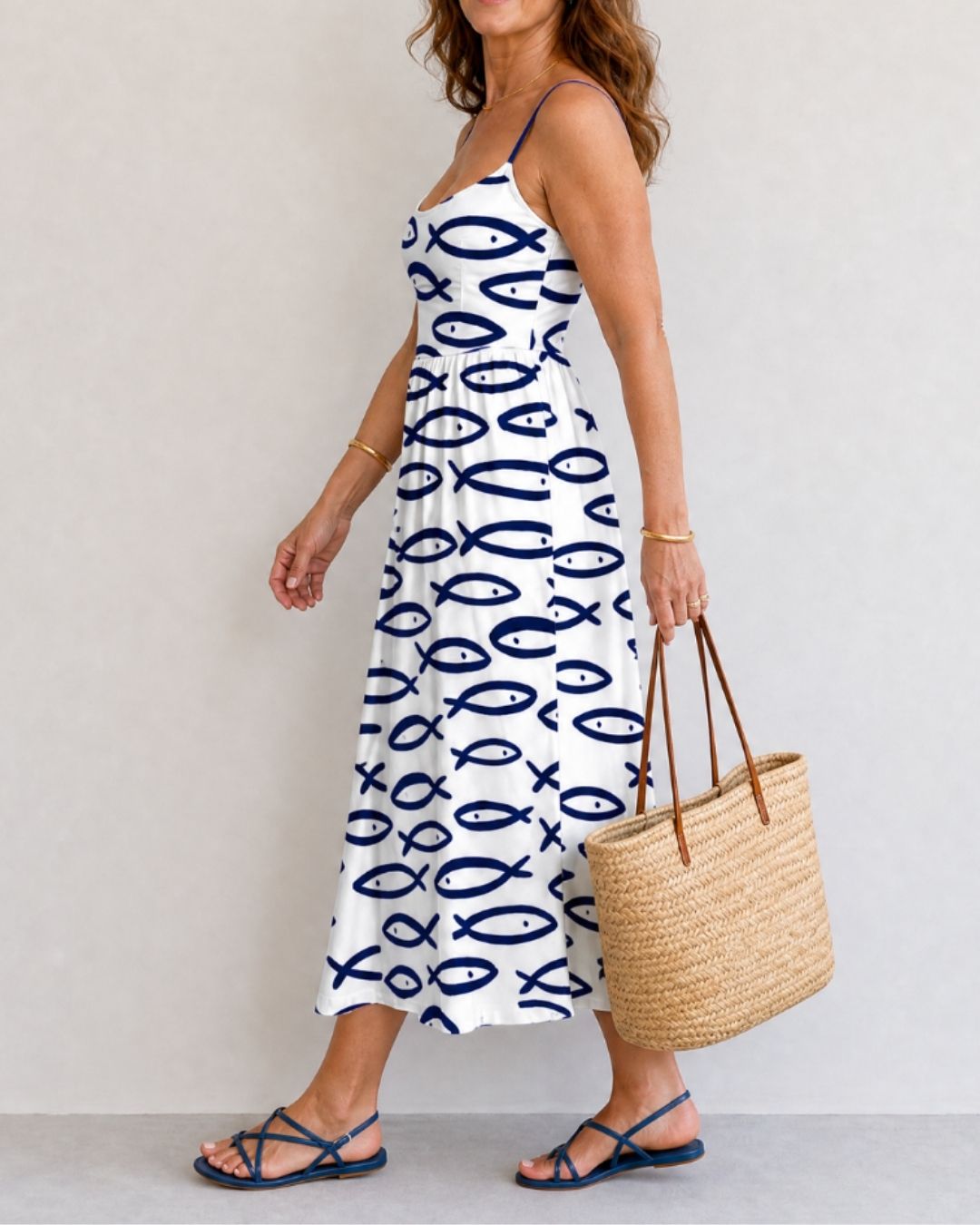 Vyla™ Fish Print Sleeveless Midi Dress