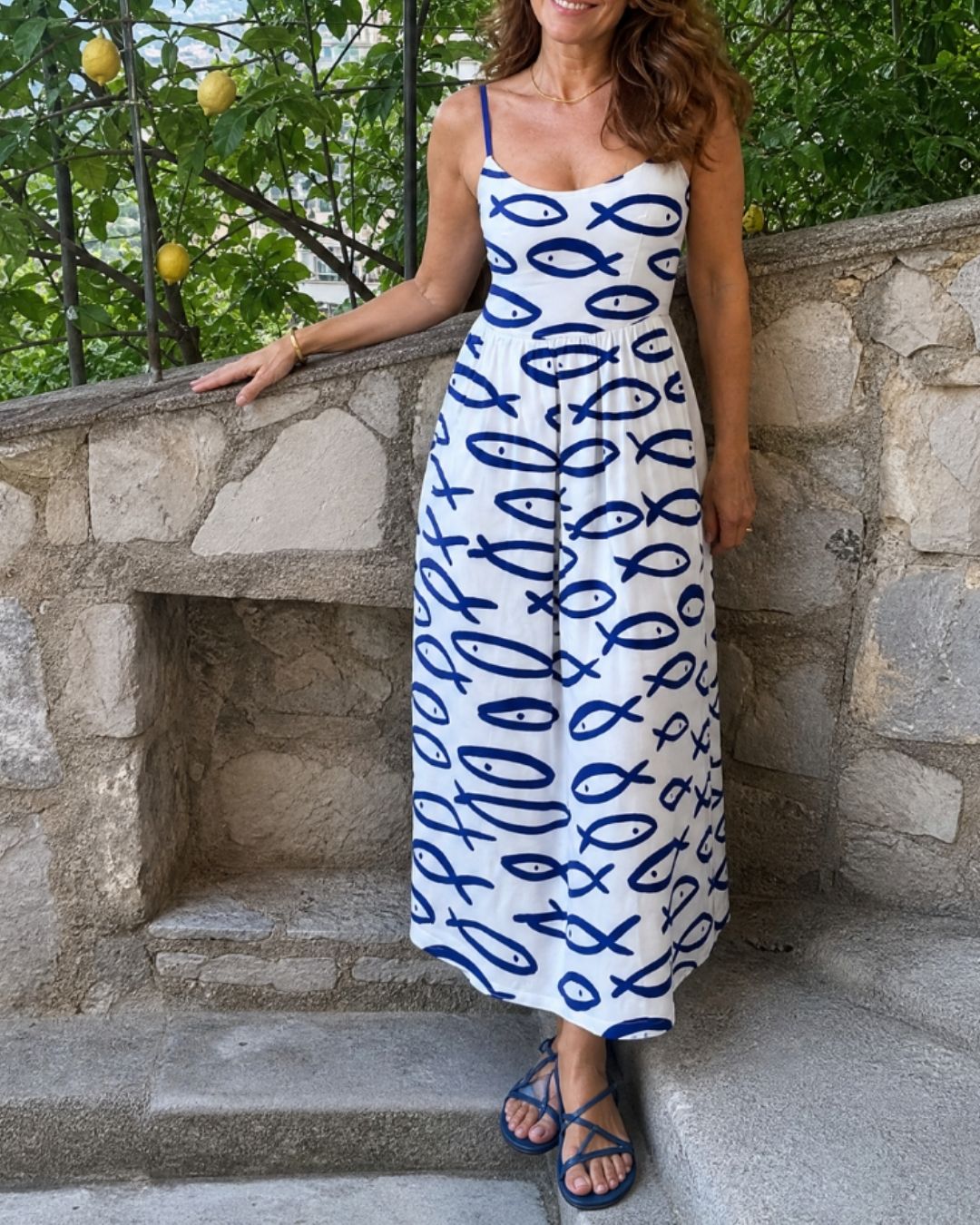 Vyla™ Fish Print Sleeveless Midi Dress