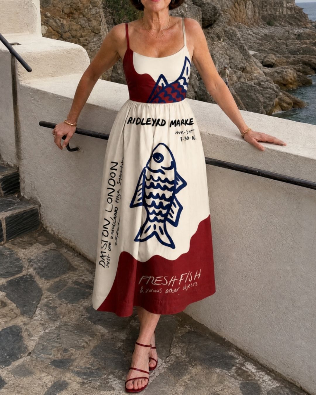 Vyla™ Fish Graphic Sleeveless Midi Dress