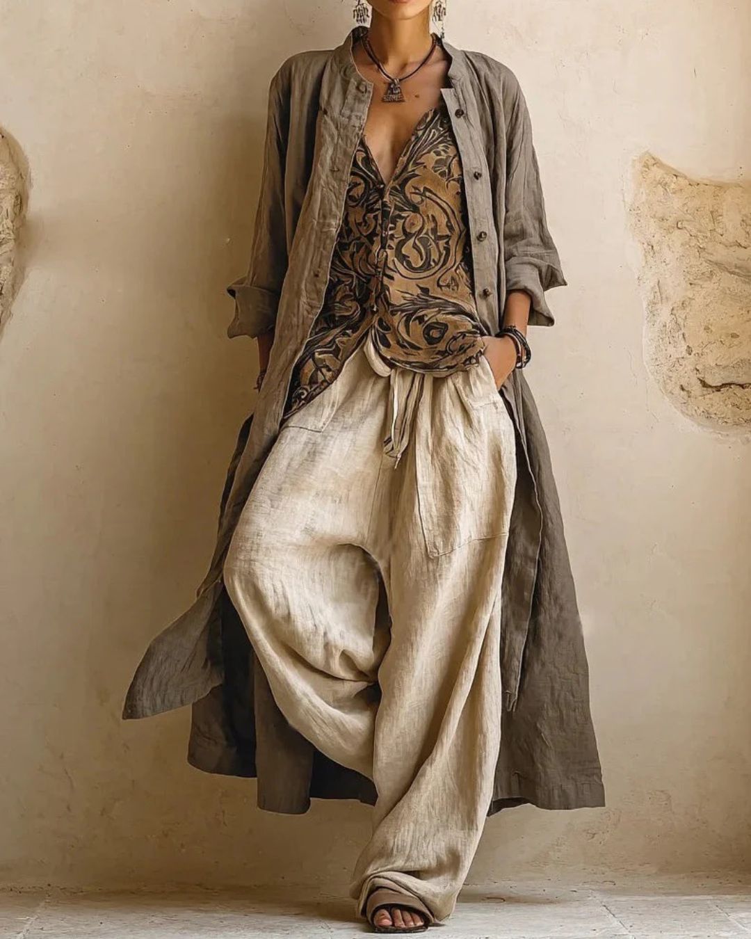 Vyla™ Boho Three-Piece Outfit Printed Top Wide Leg Pants