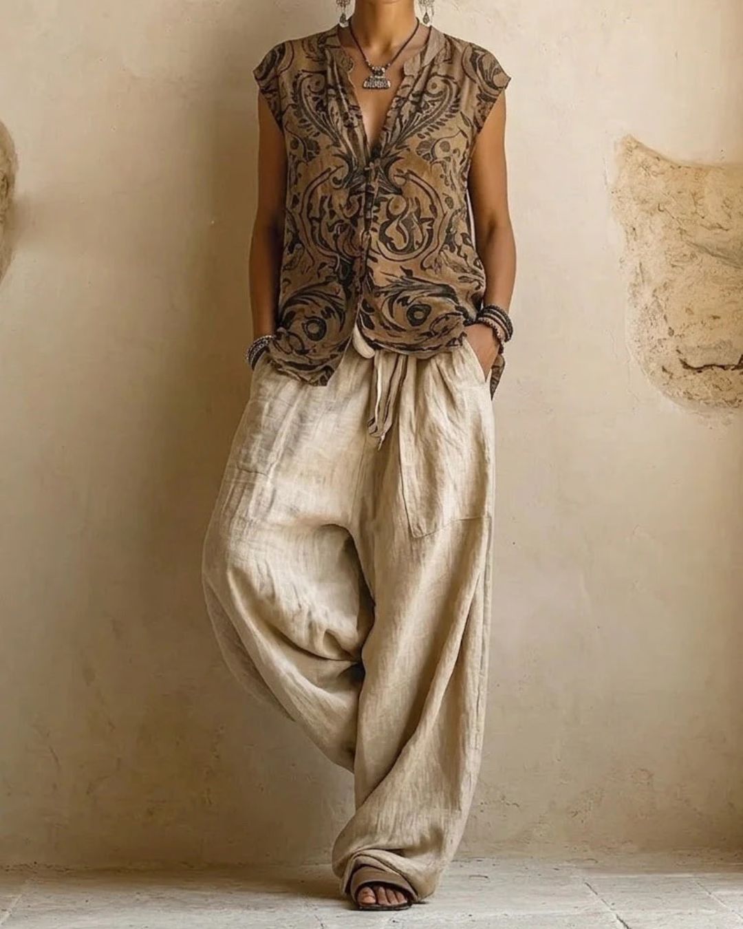 Vyla™ Boho Three-Piece Outfit Printed Top Wide Leg Pants