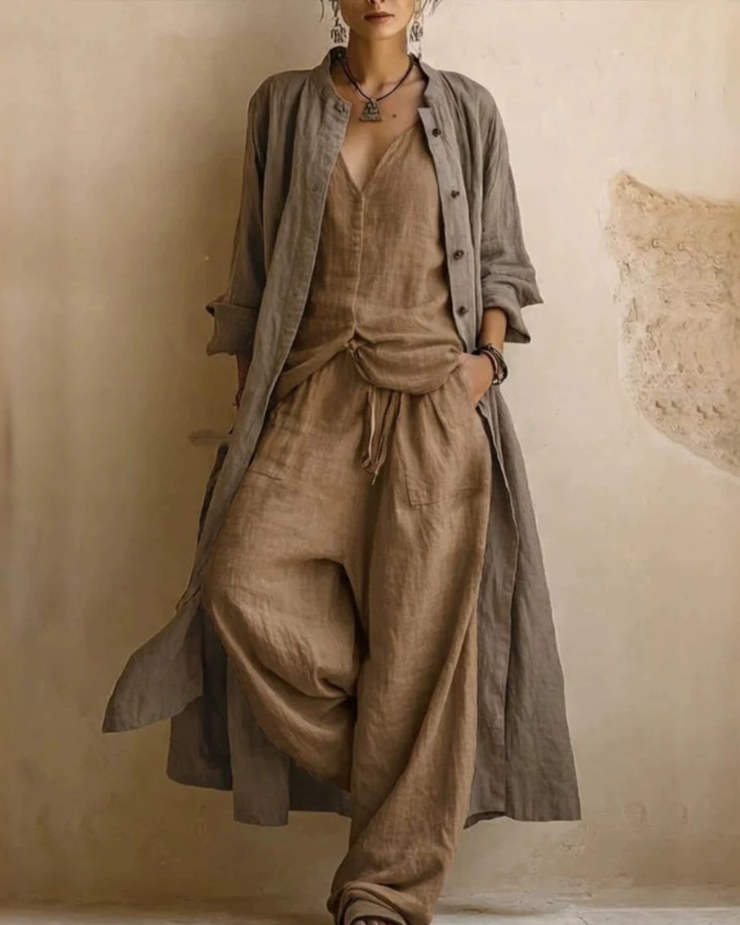 Vyla™ Boho Three-Piece Outfit Printed Top Wide Leg Pants