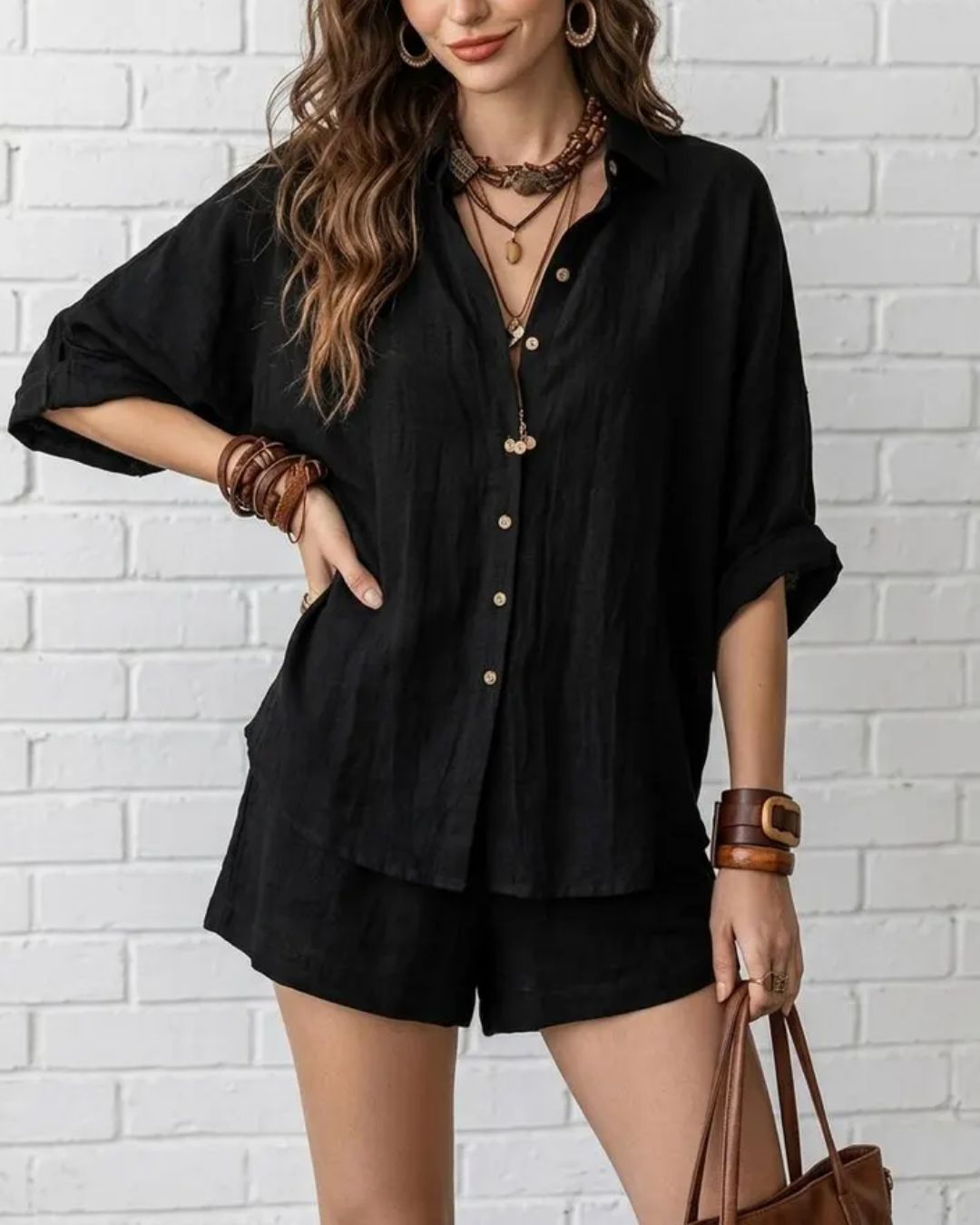 Vyla™ Button-Up Shirt and Wide Leg Shorts Vacation Outfit