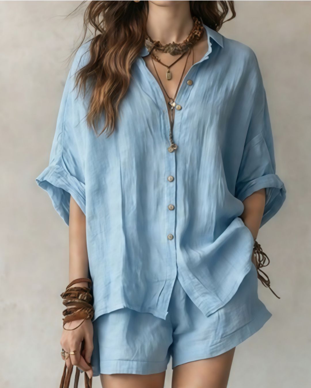 Vyla™ Button-Up Shirt and Wide Leg Shorts Vacation Outfit