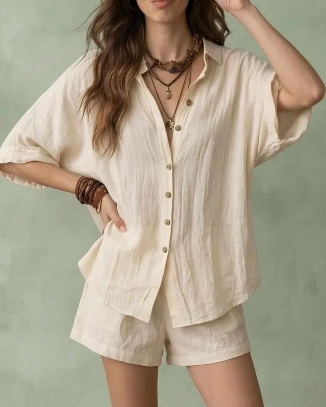 Vyla™ Button-Up Shirt and Wide Leg Shorts Vacation Outfit
