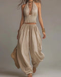 Vyla™ Casual Backless Craft Halter Closure Wide Leg Pants Set