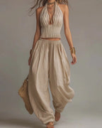 Vyla™ Casual Backless Craft Halter Closure Wide Leg Pants Set