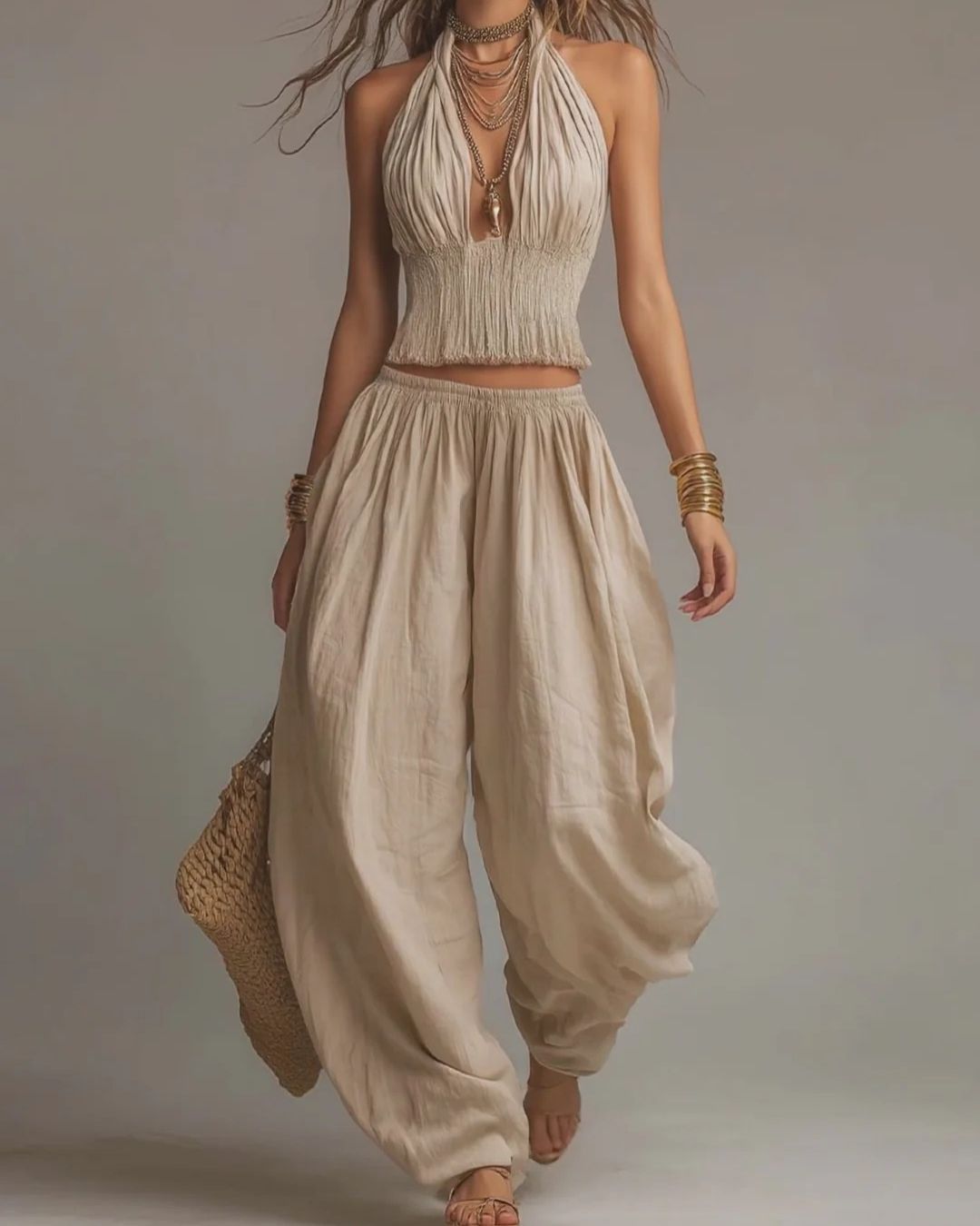 Vyla™ Casual Backless Craft Halter Closure Wide Leg Pants Set