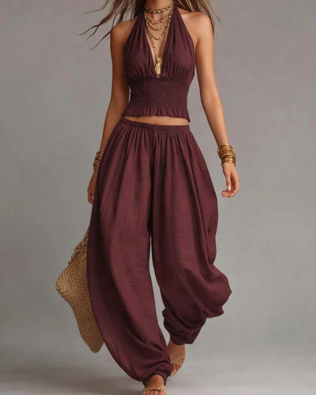 Vyla™ Casual Backless Craft Halter Closure Wide Leg Pants Set