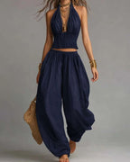 Vyla™ Casual Backless Craft Halter Closure Wide Leg Pants Set
