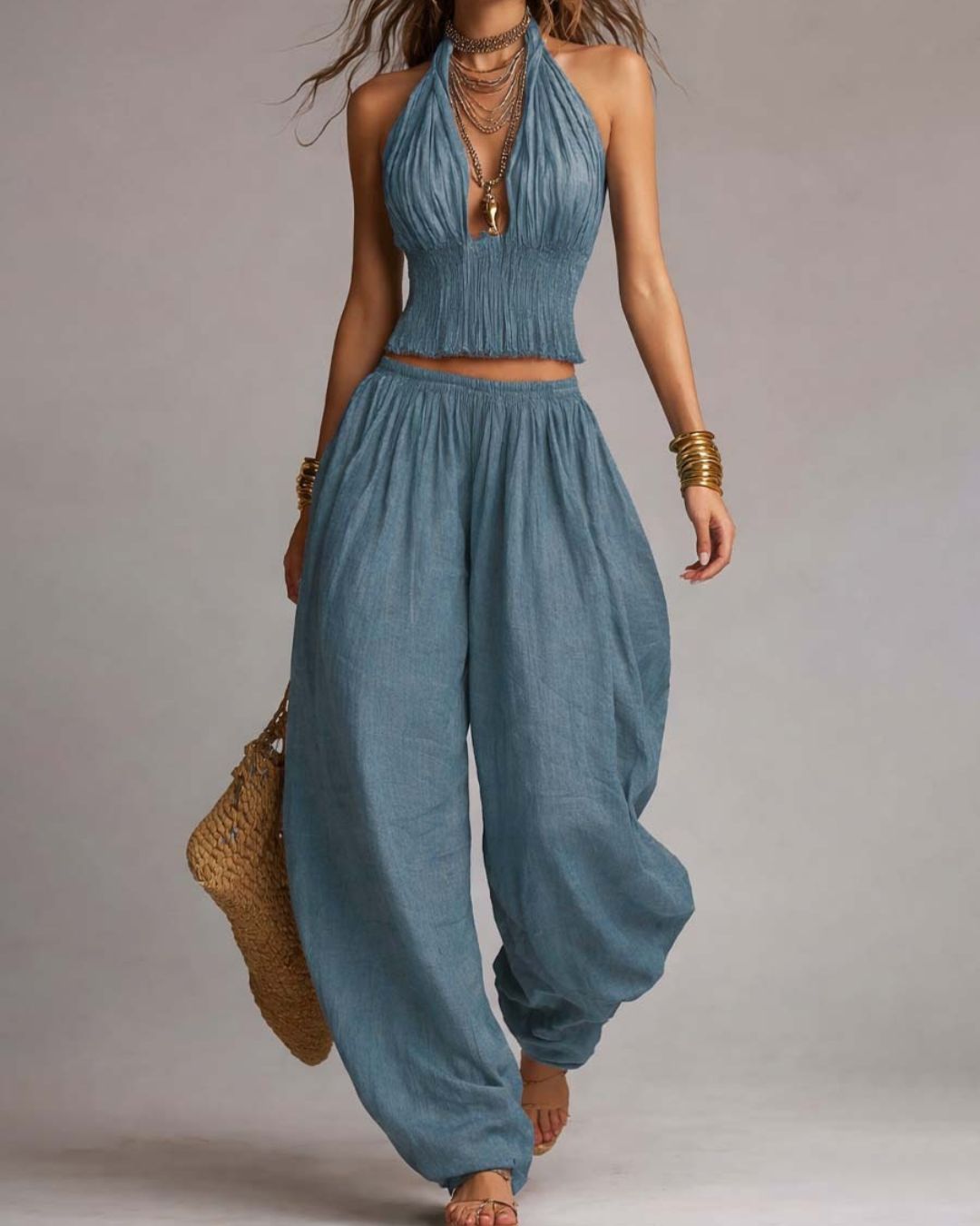 Vyla™ Casual Backless Craft Halter Closure Wide Leg Pants Set