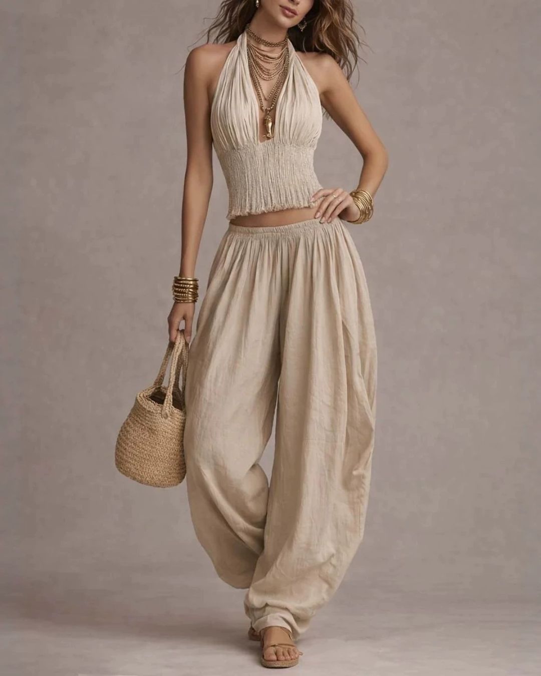 Vyla™ Casual Backless Craft Halter Closure Wide Leg Pants Set