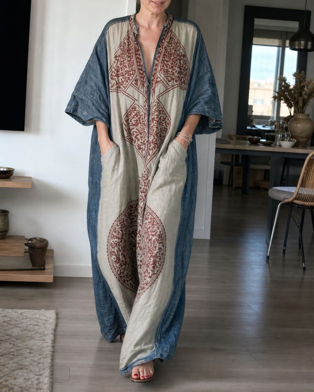 Vyla™ Loose Sleeves Ethnic Printed V-Neck Jumpsuits
