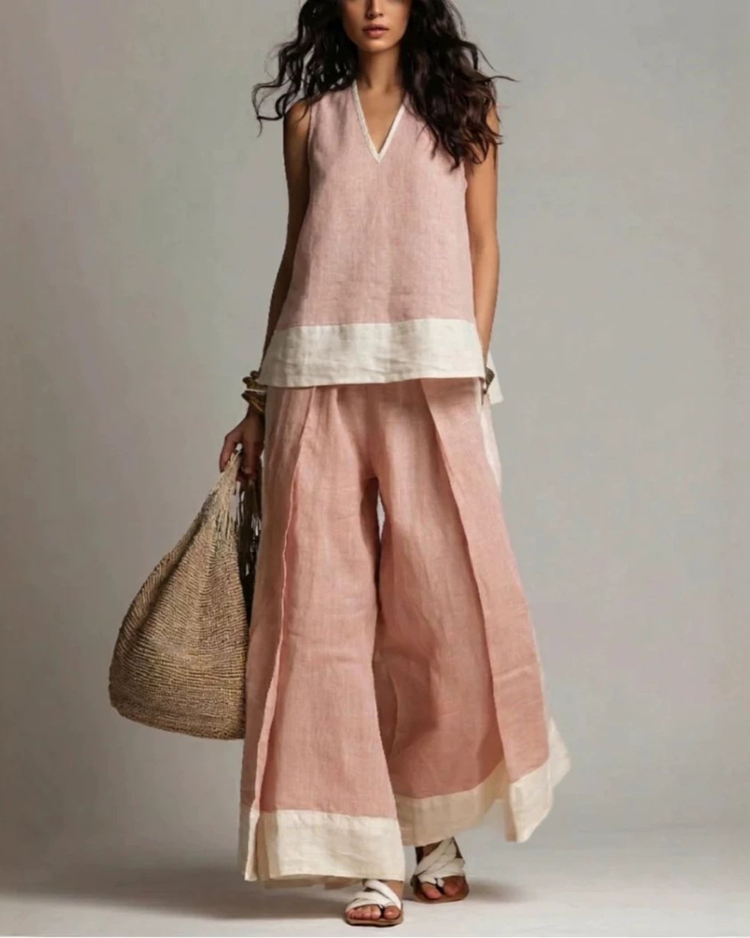 Vyla™ Boho Oasis Set Deep V-Neck Sleeveless Top Palazzo Pants Resort Wear