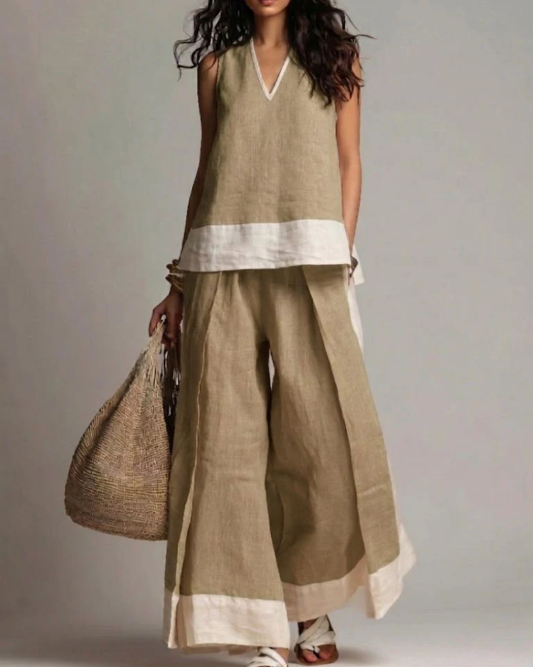 Vyla™ Boho Oasis Set Deep V-Neck Sleeveless Top Palazzo Pants Resort Wear