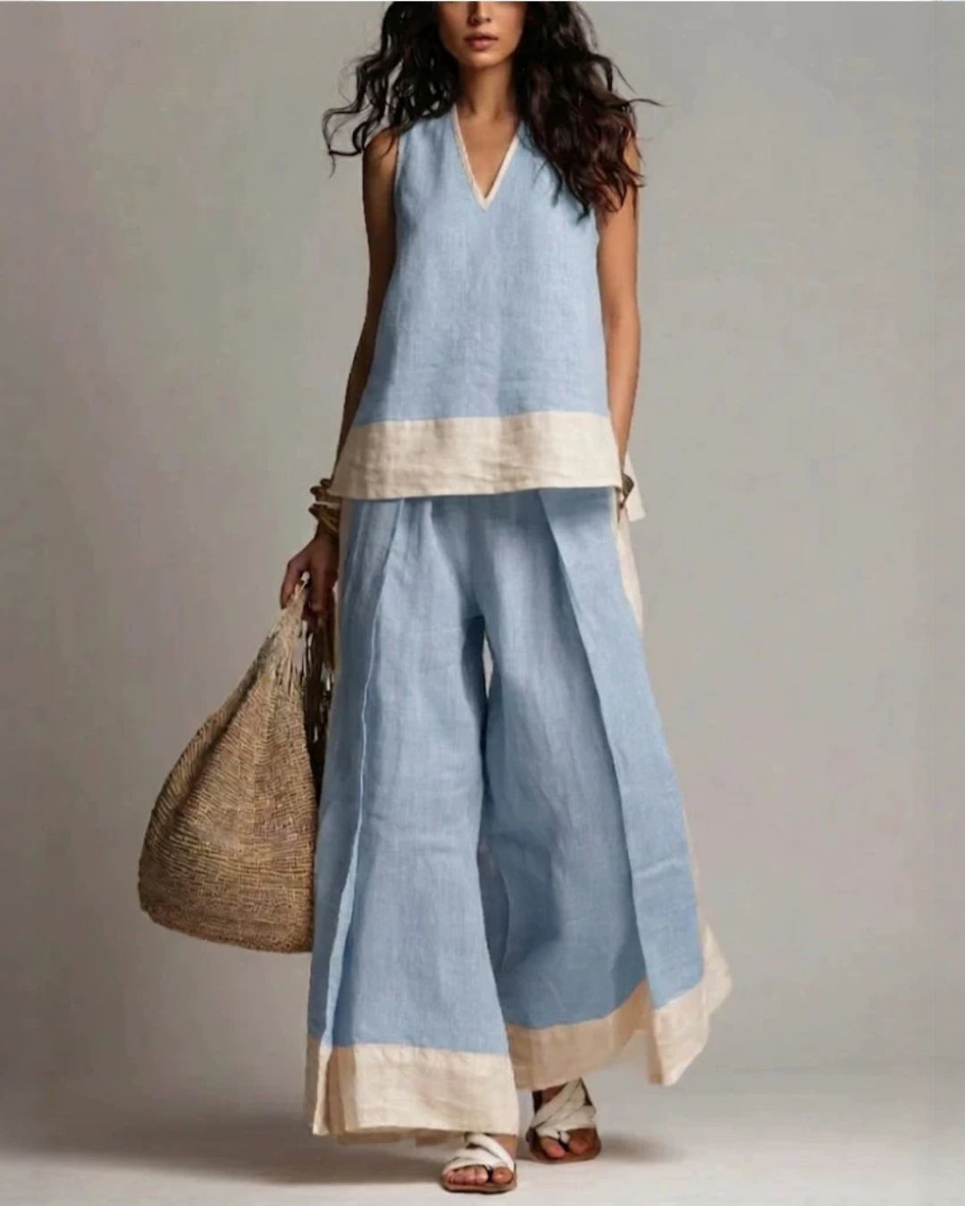 Vyla™ Boho Oasis Set Deep V-Neck Sleeveless Top Palazzo Pants Resort Wear