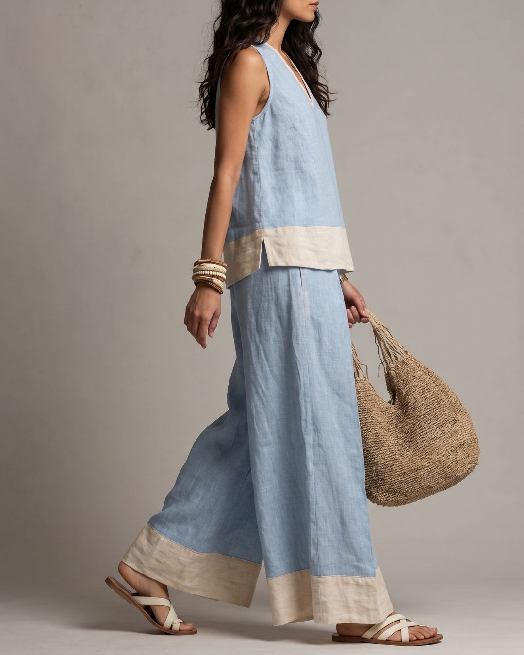 Vyla™ Boho Oasis Set Deep V-Neck Sleeveless Top Palazzo Pants Resort Wear