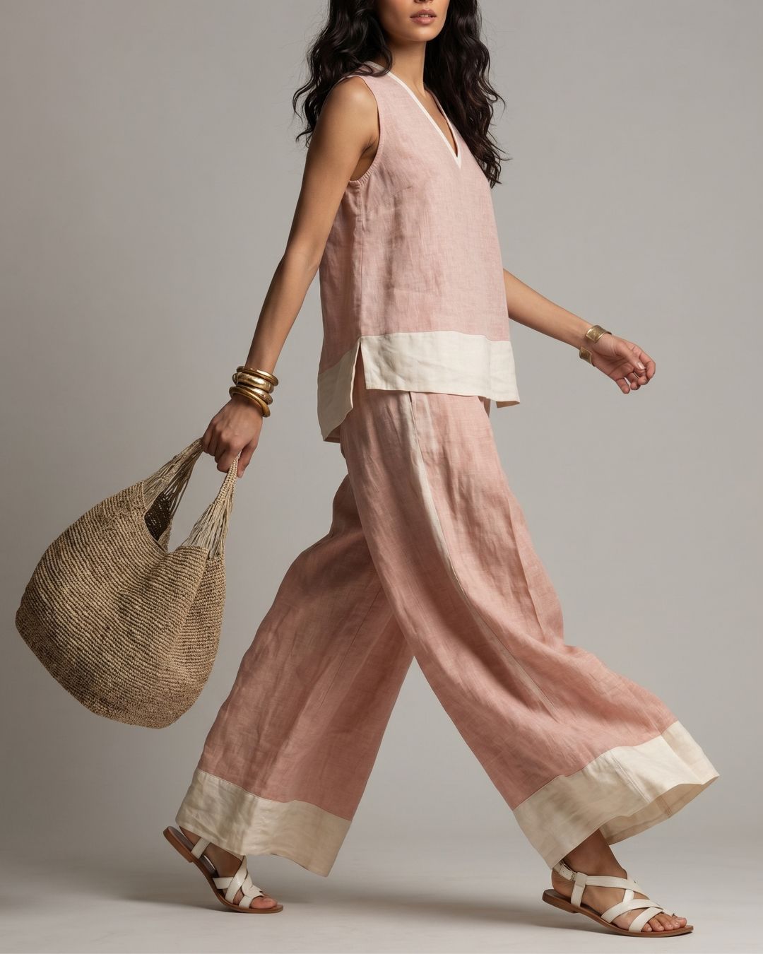 Vyla™ Boho Oasis Set Deep V-Neck Sleeveless Top Palazzo Pants Resort Wear