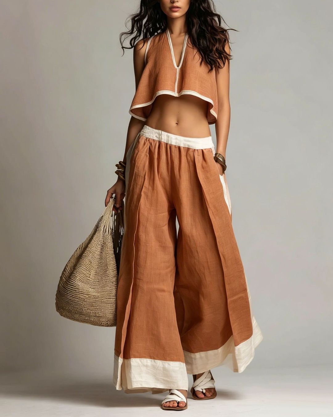 Vyla™ Boho Plunging V-Neck Crop Top and Wide Leg Pants Set