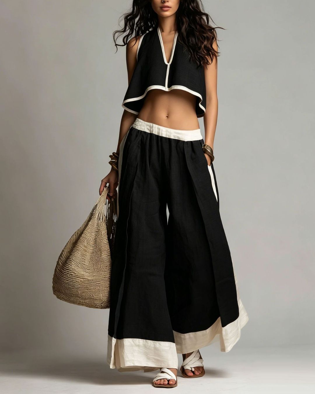Vyla™ Boho Plunging V-Neck Crop Top and Wide Leg Pants Set