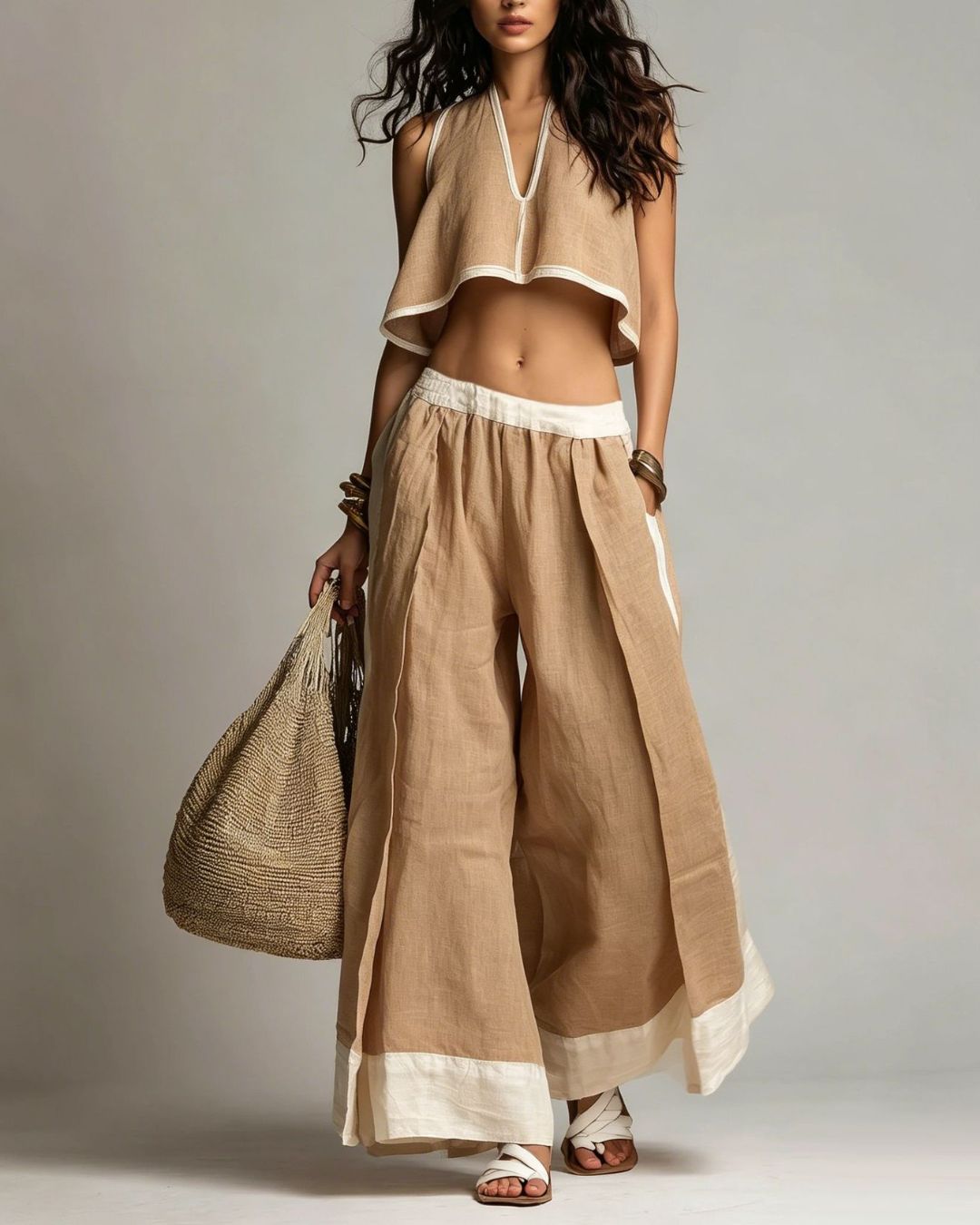 Vyla™ Boho Plunging V-Neck Crop Top and Wide Leg Pants Set