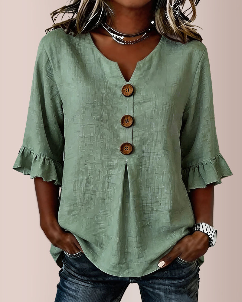 Vyla™ V-Neck Cotton Linen Button-Down Blouse