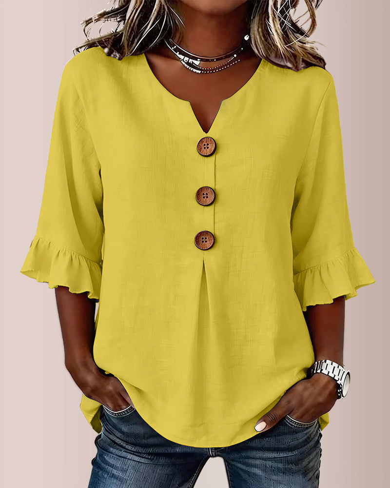Vyla™ V-Neck Cotton Linen Button-Down Blouse