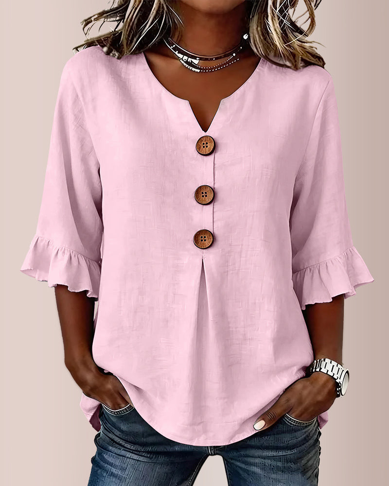 Vyla™ V-Neck Cotton Linen Button-Down Blouse