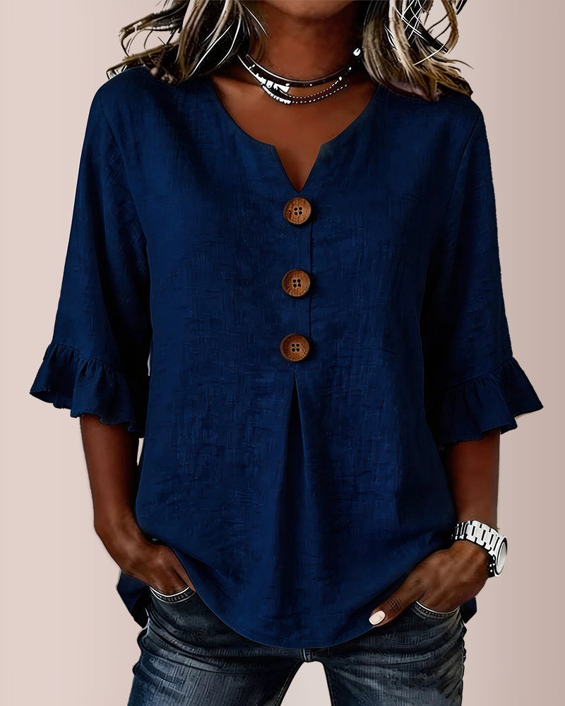 Vyla™ V-Neck Cotton Linen Button-Down Blouse
