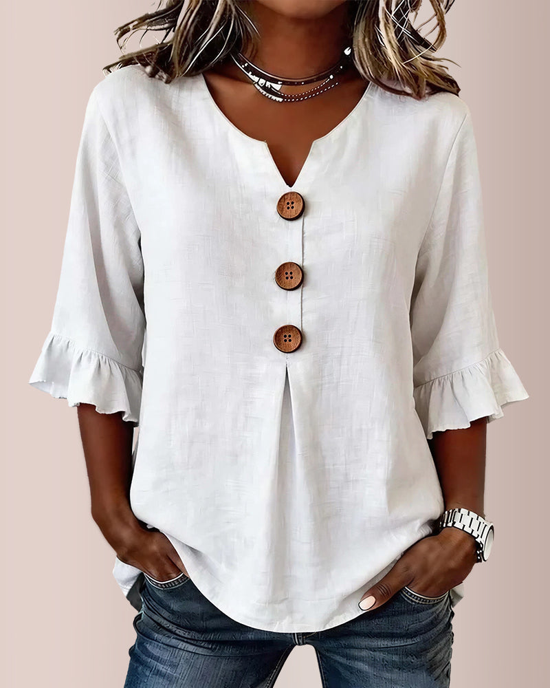 Vyla™ V-Neck Cotton Linen Button-Down Blouse