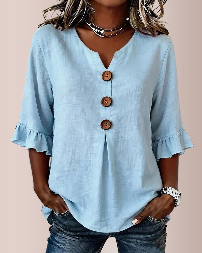 Vyla™ V-Neck Cotton Linen Button-Down Blouse