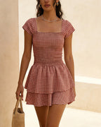 Vyla™ French Pastoral Gingham Smocked Ruffle Mini Dress