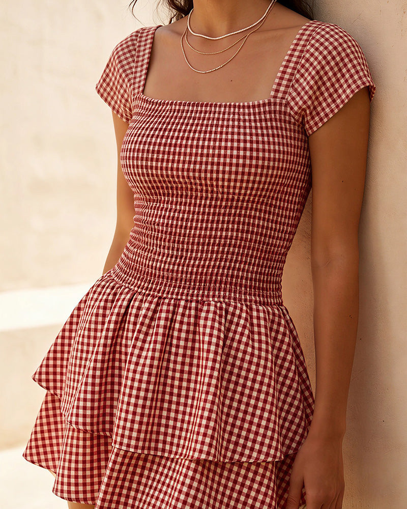 Vyla™ French Pastoral Gingham Smocked Ruffle Mini Dress