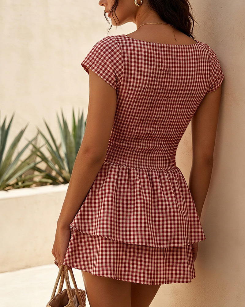 Vyla™ French Pastoral Gingham Smocked Ruffle Mini Dress