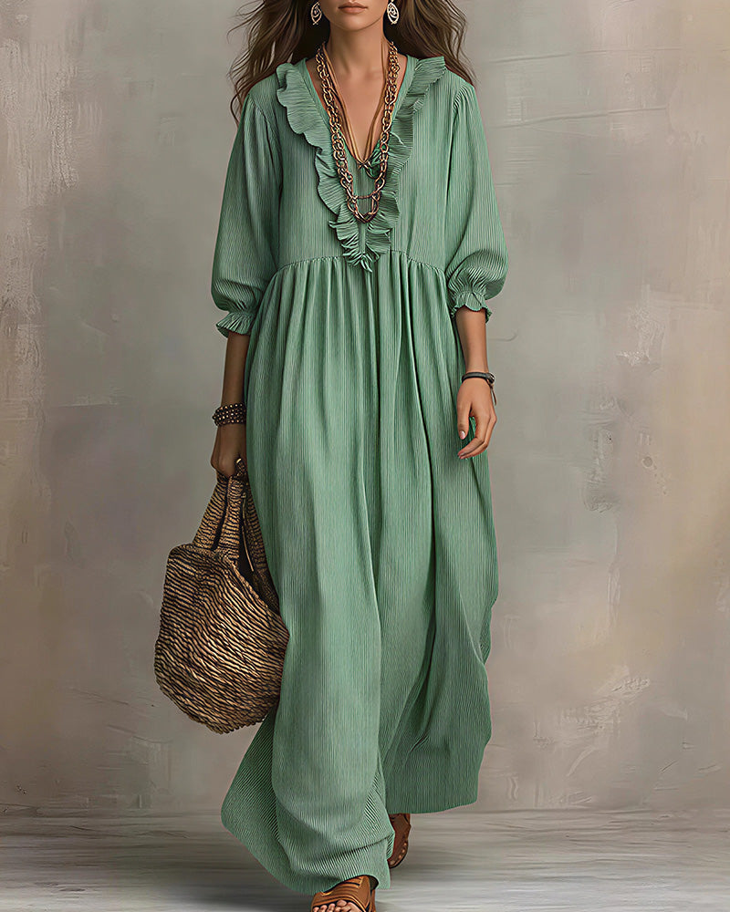 Vyla™ Boho V-Neck Ruffle Striped Maxi Dress