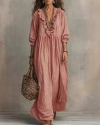 Vyla™ Boho V-Neck Ruffle Striped Maxi Dress