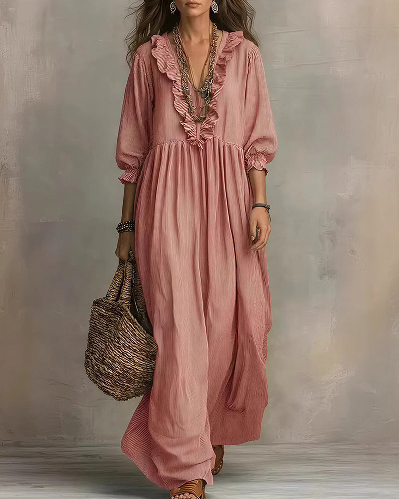 Vyla™ Boho V-Neck Ruffle Striped Maxi Dress