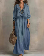 Vyla™ Boho V-Neck Ruffle Striped Maxi Dress