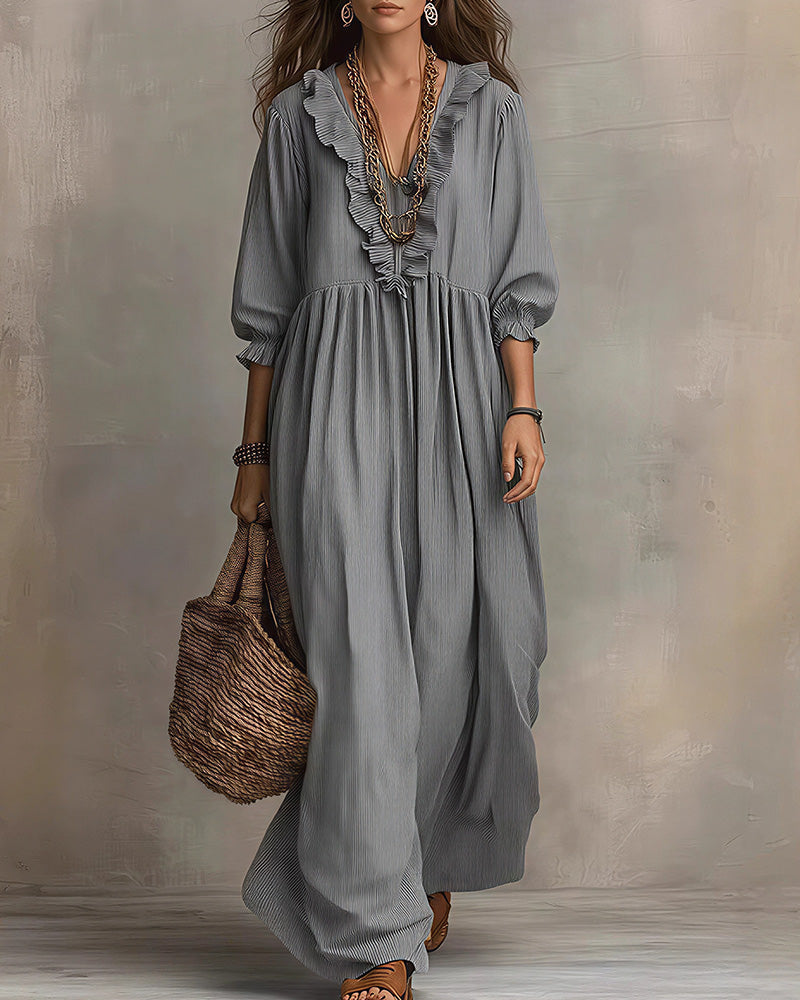 Vyla™ Boho V-Neck Ruffle Striped Maxi Dress