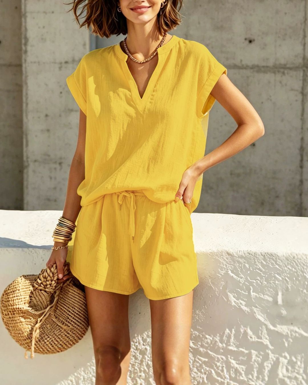 Vyla™ Casual V-Neck Shirt and Shorts Set