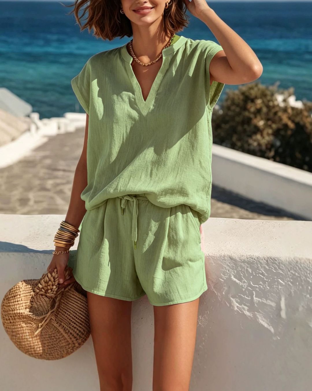 Vyla™ Casual V-Neck Shirt and Shorts Set