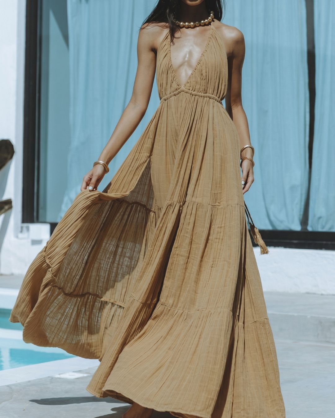 Vyla™ Halter Tiered Voile with Tassel Straps Maxi Dress