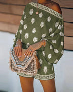 Vyla™ Boho Skew Neck Lantern Vacation Set Casual Vintage Baroque Print