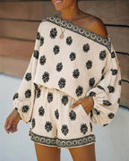 Vyla™ Boho Skew Neck Lantern Vacation Set Casual Vintage Baroque Print