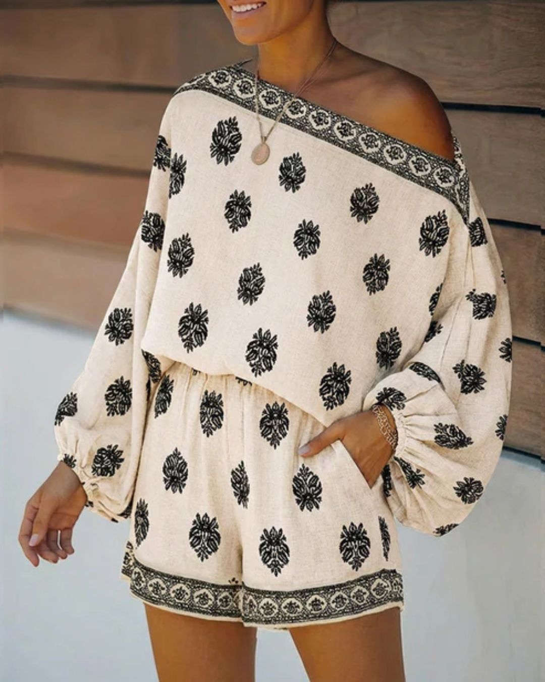 Vyla™ Boho Skew Neck Lantern Vacation Set Casual Vintage Baroque Print