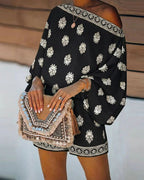Vyla™ Boho Skew Neck Lantern Vacation Set Casual Vintage Baroque Print