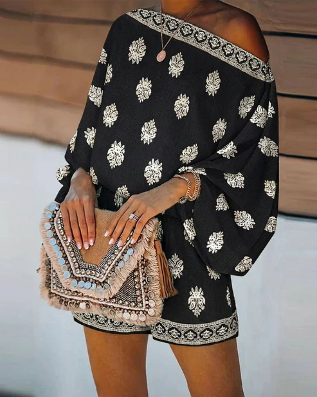 Vyla™ Boho Skew Neck Lantern Vacation Set Casual Vintage Baroque Print