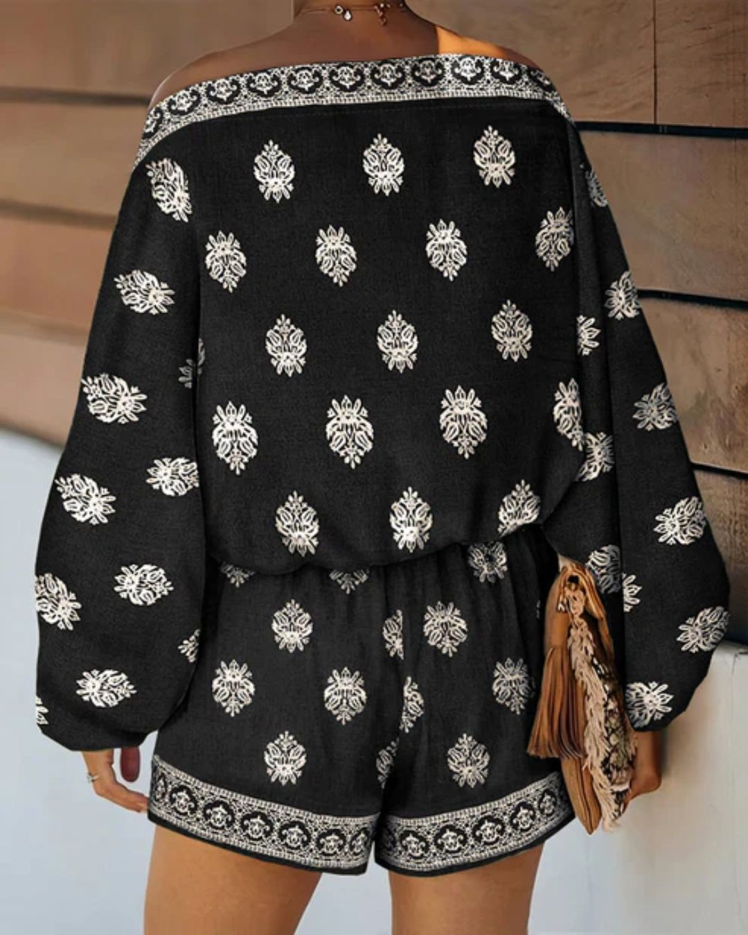 Vyla™ Boho Skew Neck Lantern Vacation Set Casual Vintage Baroque Print