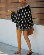 Vyla™ Boho Skew Neck Lantern Vacation Set Casual Vintage Baroque Print